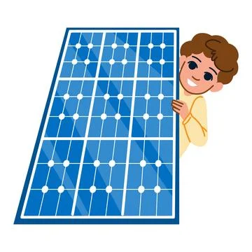 Young engineer hiding behind solar panel promoting renewable energy Stock Illustration