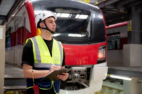 Young engineer man or worker checking electric train for planning maintenan.. Stock Photos