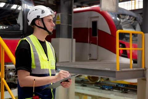 Young engineer man or worker checking electric train for planning maintenan.. 스톡 사진