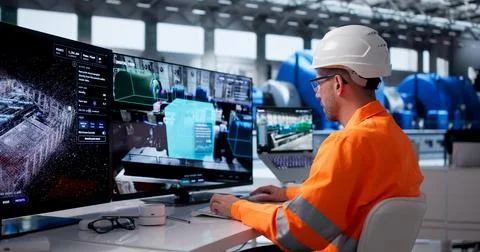 Young Engineer Monitors Real-time Industrial Data On Smart Control Room Scree Stock Photos