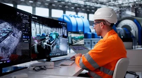 Young Engineer Monitors Real-time Industrial Data On Smart Control Room Scree Stock Photos
