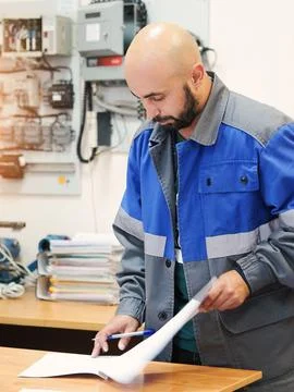 Young engineer or inspector checks technical documentation and leafs through Stock Photos