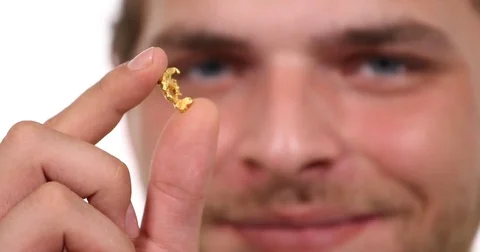 Young Engineer Portrait Cheerful Worker Man Showing Pure Gold Nugget Look Camera Stock Footage 77005600
