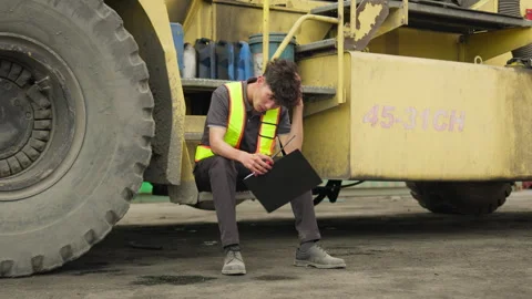 Young engineer sits on a heavy haul truck completing a safety inspection Stock Footage 346080426