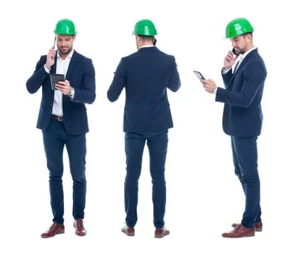 Young engineer with tablet calling by phone, front, side, rear view, isolated Stock Photos
