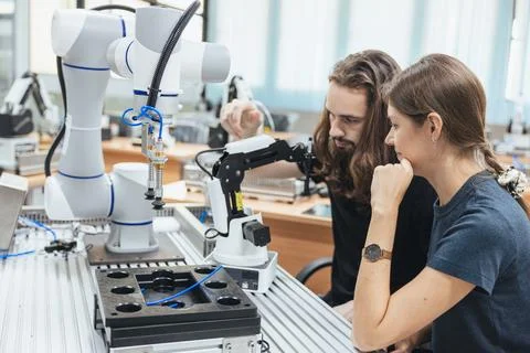 Young engineer team working in Robotic lab test program robot prototype. Ro.. Stock Photos