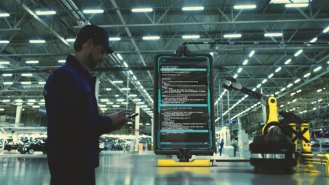 Young engineer uploading some programs to the robotics arm. Technology concept Stock Footage 150018518