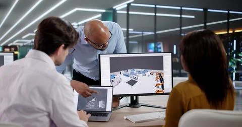 Young Engineer Using 3D Software Designs Factory Floor Layouts. An Automotive Stock Photos