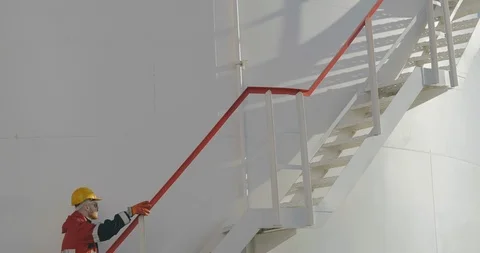 Young engineer walking up ladder of refinery tank for checking valves and safety Stock Footage 108982102
