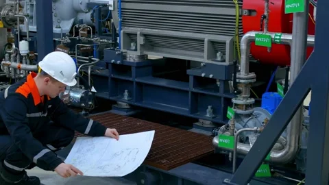 A young engineer in a white helmet and overalls examines the flow diagram at the Stock Footage 203907657