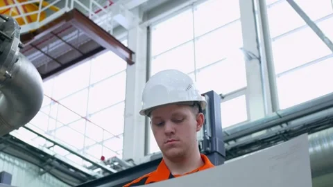A young engineer in a white helmet and overalls examines the technological Stock Footage 203907687