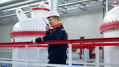 A young engineer in a white helmet transmits readings by radio while near the Stock Footage 174872515