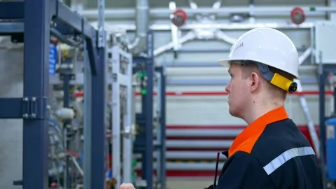 A young engineer in a white helmet at the workplace makes entries in a journal Stock Footage 206026927