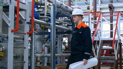 A young engineer in a white helmet at the workplace checks the technological Stock Photos
