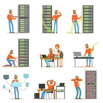 Young engineer working in network server room. Technician at the data center set Stock Illustration
