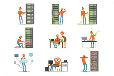 Young engineer working in network server room. Technician at the data center set Stock Illustration