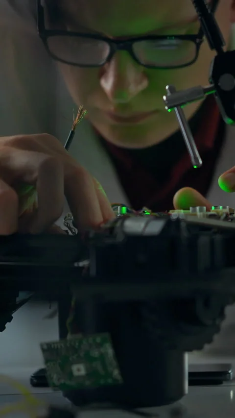 Young engineer works late on circuit board for robotics project in workshop Stock Footage 331740770