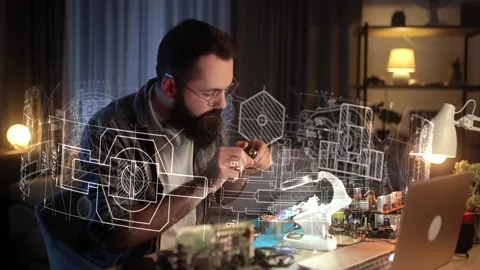 A young engineer works on a new product in his home workshop. A bearded inventor Stock Footage 257252475