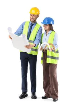 Young engineers with drawing and bridge model on white background Stock Photos