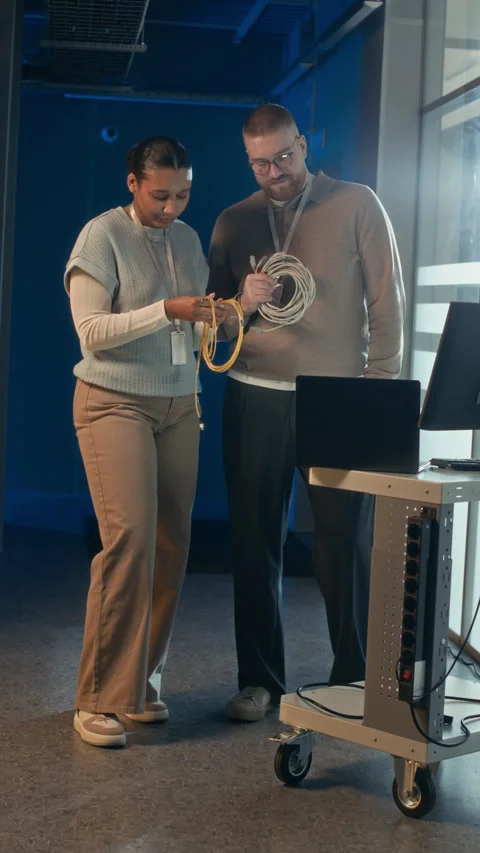 Young Engineers Fixing Cables while Using Computers in Data Center Stock Footage 311311214