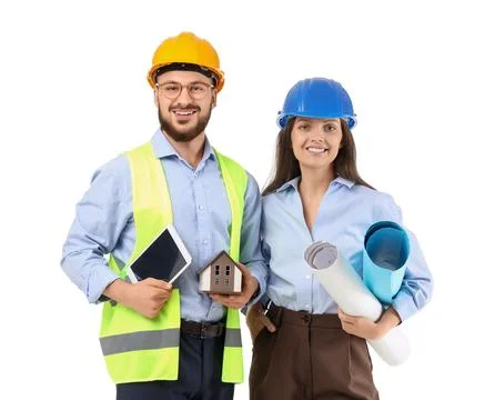Young engineers with tablet computer and house model on white background Stock Photos