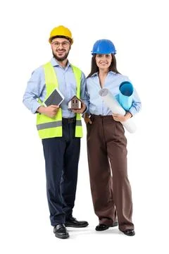 Young engineers with tablet computer and house model on white background Stock Photos
