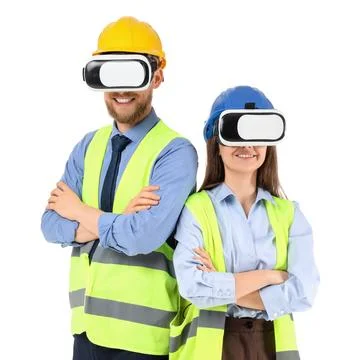 Young engineers in VR glasses on white background Stock Photos