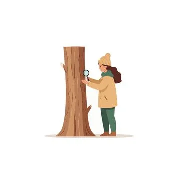 Young explorer examining tree bark with magnifying glass amidst nature's wo.. Stock Illustration