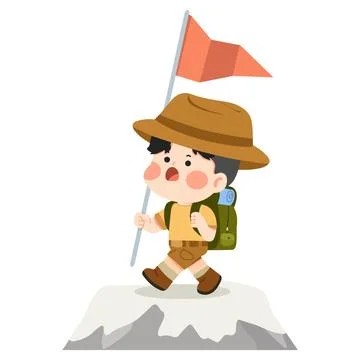 Young Explorer with Flag on Mountain Peak 스톡 일러스트