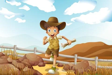 A young explorer running with a map in his hand Stock Illustration