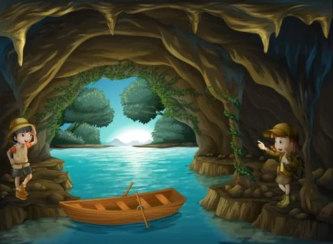 Young explorers inside the cave Illustrazione stock