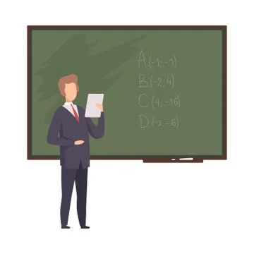 Young Faceless Man Math Teacher Standing At the Blackboard and Explaining Stock Illustration