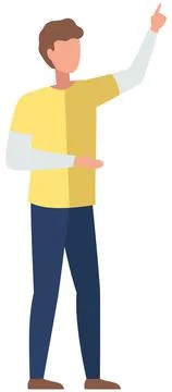 Young faceless man pointing away hand up and showing or presenting something Stock Illustration