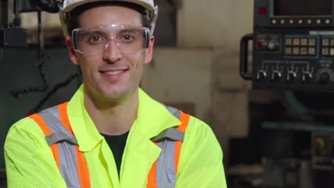 Young factory worker or engineer close up portrait in factory Stock Footage 139254401