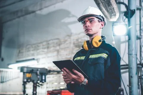 Young factory worker using adept tablet computer in a workshop building Foto stock