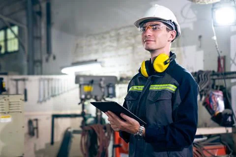 Young factory worker using adept tablet computer in a workshop building Stock Photos
