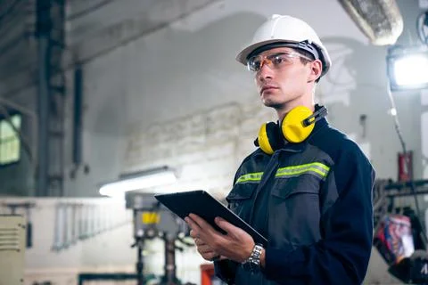 Young factory worker using adept tablet computer in a workshop building Foto stock