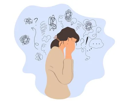 Young famale is surrounded by stream of thoughts, closing face with palms i.. Illustrazione stock