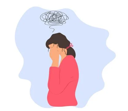 Young famale is surrounded by stream of thoughts, closing face with palms i.. Stock Illustration