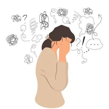 Young famale is surrounded by stream of thoughts, closing face with palms i.. Stock-Illustration
