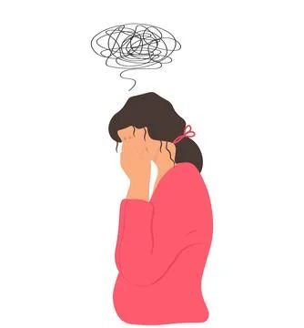 Young famale is surrounded by stream of thoughts, closing face with palms i.. Stock-Illustration