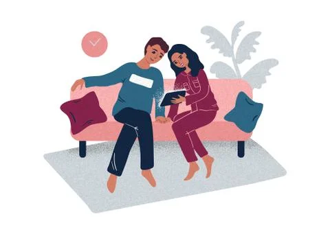 Young family using a gadget while sitting on a sofa at home. Stock Illustration