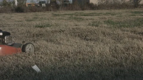 Young Farmer Cuts Grass with Push Mower 4K Stock Footage 219588069