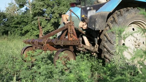 Young farmer preparing tractor for harvesting potato at field of organic farm. Stock Footage 78750942