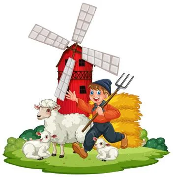 Young Farmer with Sheep and Windmill on Farm 库存插图