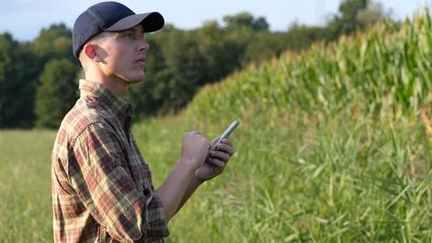 Young Farmer Using Smartphone to Take Notes on His Fields Stock Photos