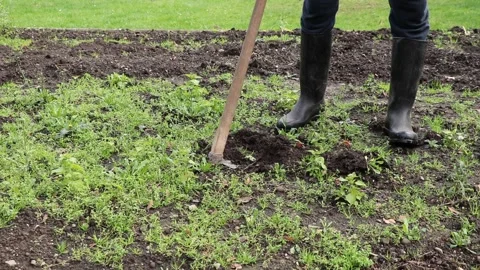 Young farmer in work clothes digs his garden  Video stock 142997121