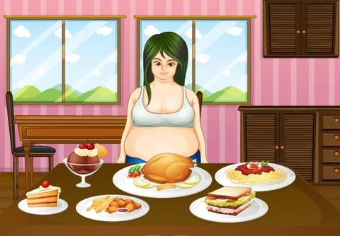 A young fat lady in front of the table with foods Stock Illustration