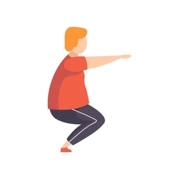 Young fat man doing squats, obesity man wearing sports uniform doing fitness Illustrazione stock