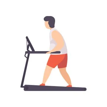 Young fat man walking on thread mill, obesity man wearing sports uniform doing Illustrazione stock